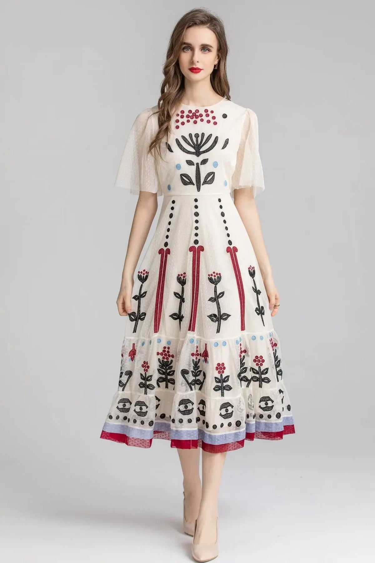 Women's Round Neck Retro Mesh Stitching Embroidery Embroidered Dress Short Sleeve Temperament Slim Midi Skirt eprolo