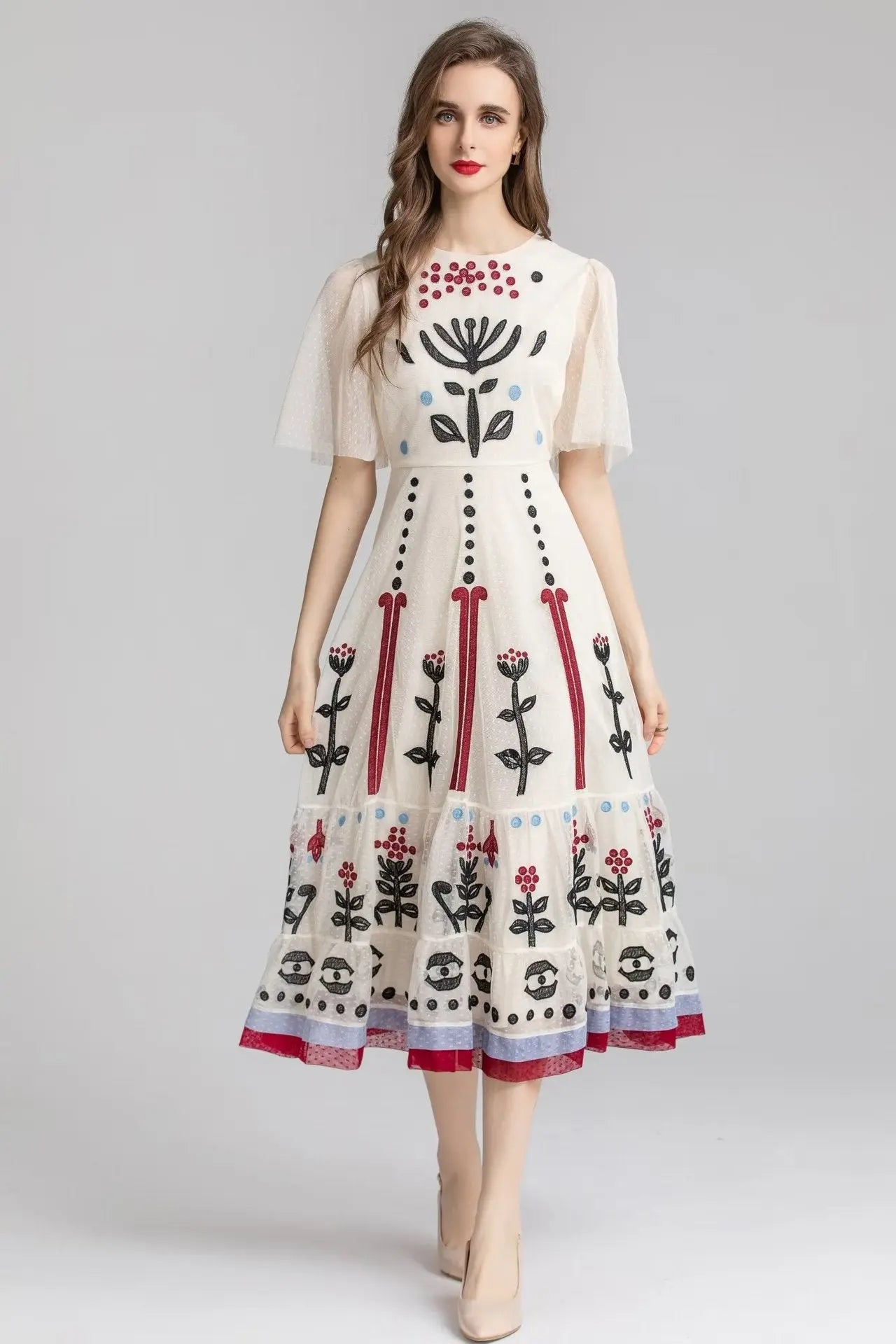 Women's Round Neck Retro Mesh Stitching Embroidery Embroidered Dress Short Sleeve Temperament Slim Midi Skirt eprolo