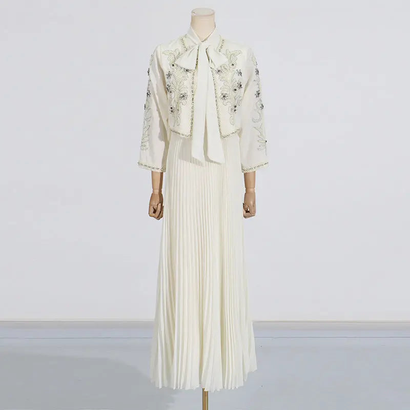 Style Heavy Embroidery Splicing Short Jacket + Pleated High Waist Skirt Set for Women eprolo