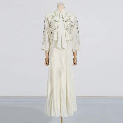 Style Heavy Embroidery Splicing Short Jacket + Pleated High Waist Skirt Set for Women eprolo