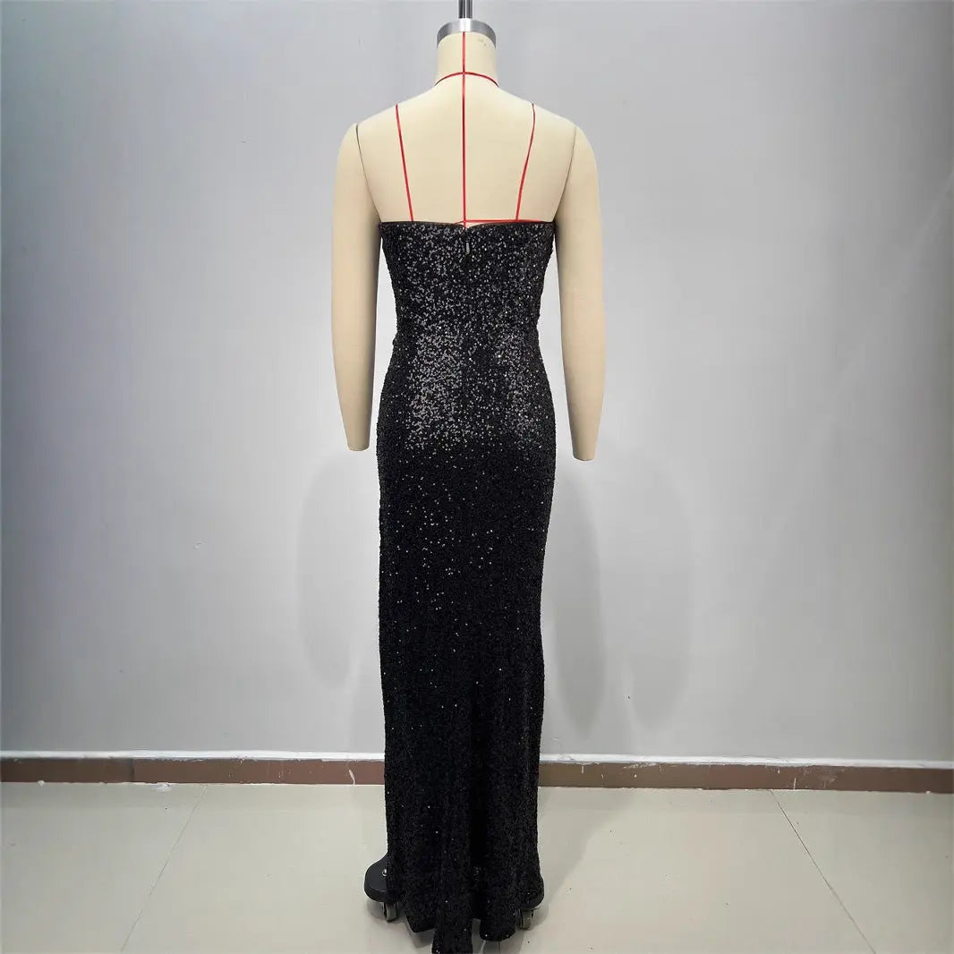 Spring and Summer New Women's Off-the-Shoulder Sequined Sexy Evening Dress Halter Sequined Sleeveless Party Dress Long Skirt eprolo