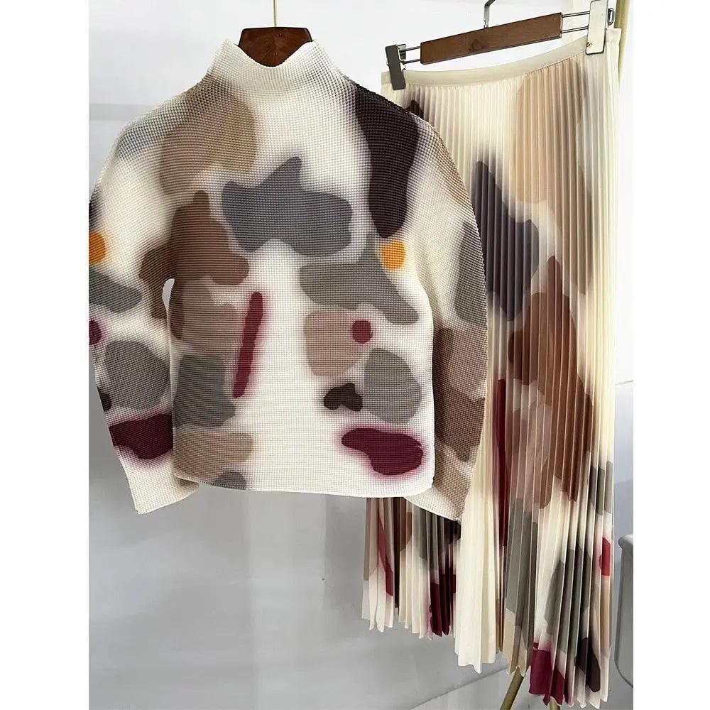 Long Halfskirt Set Women's Fashion Women's Spring New Long Sleeve Pleated T-shirt Pleated Skirt Two Piece Set eprolo