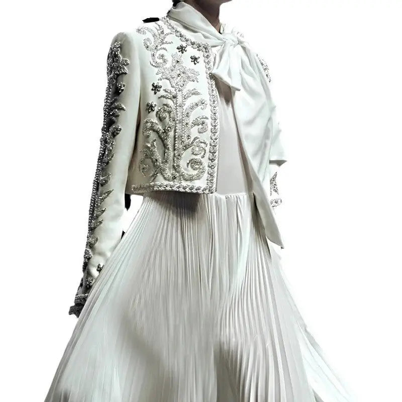 Style Heavy Embroidery Splicing Short Jacket + Pleated High Waist Skirt Set for Women eprolo