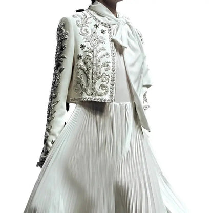 Style Heavy Embroidery Splicing Short Jacket + Pleated High Waist Skirt Set for Women eprolo