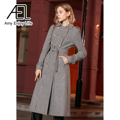 Winter Wool Long Coat Women Retro Houndstooth A-Line Trench Coats eprolo