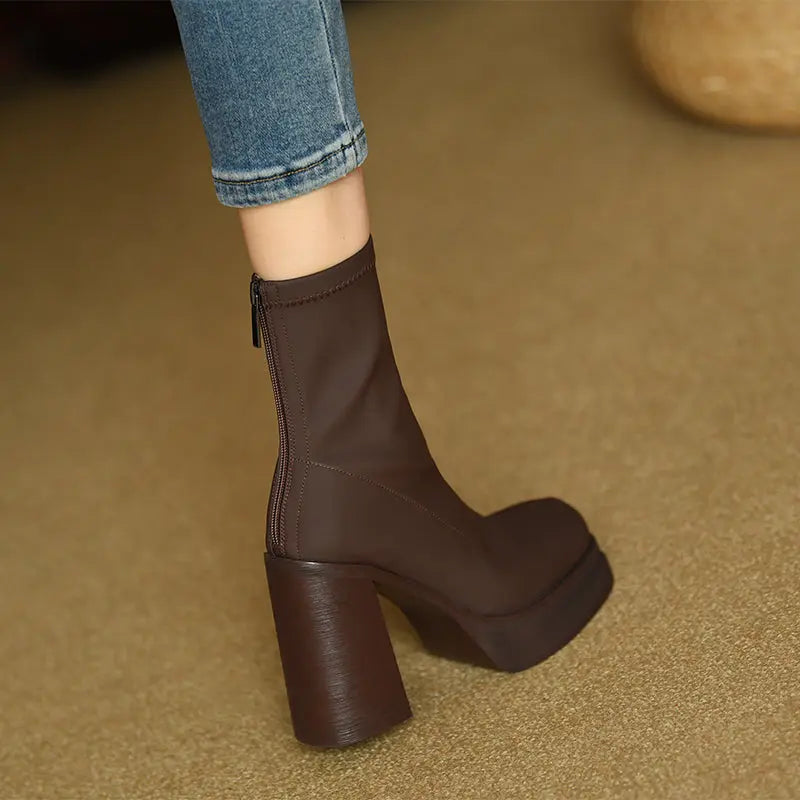 Elastic Slim Boots Thick Heel Short Boots Women's New High Heel Shoes Autumn Winter Thick Sole Square Head Women's Boots eprolo