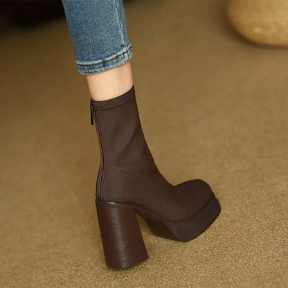 Elastic Slim Boots Thick Heel Short Boots Women's New High Heel Shoes Autumn Winter Thick Sole Square Head Women's Boots eprolo