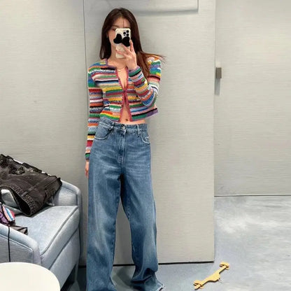 Sequined Striped Sweater Cardigans Women Luxury High Street Single Breasted Long Sleeve Designer  Vintage Elegant Traf Tops Pull eprolo