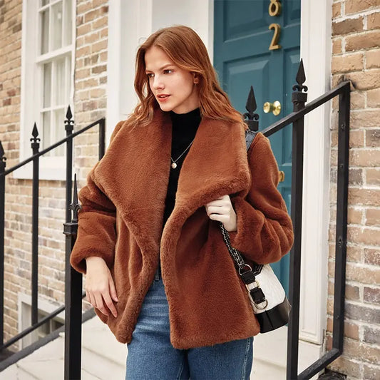 Caramel Fashionable Large Lapel Fur Coat Women's Autumn And Winter Thickened Short Coat eprolo