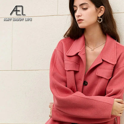 100% Wool Woolen Coat With Belt Spring Autumn Jacket For Women Solid With Scarf Warm Fashion Streetwear eprolo