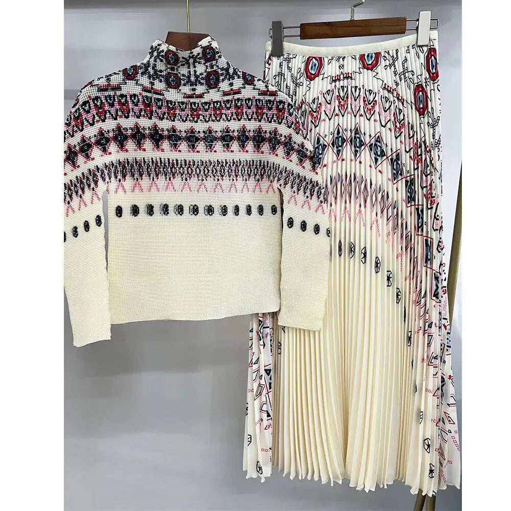 Long Halfskirt Set Women's Fashion Women's Spring New Long Sleeve Pleated T-shirt Pleated Skirt Two Piece Set eprolo