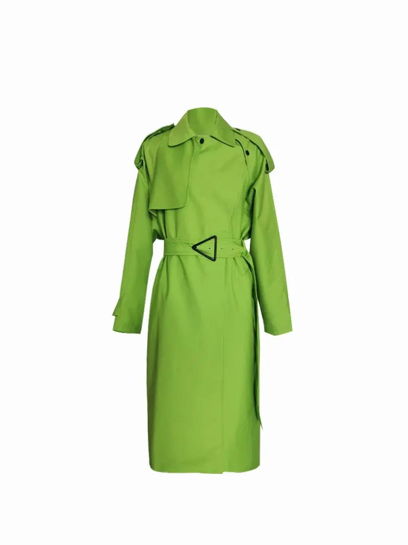Fluorescent green large lapel mid length lace up loose windbreaker jacket eprolo