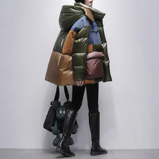 Contrasting Color Denim Stitching Down Jacket Women's Mid Length Winter New Hooded Loose Thin Thickening Trend Coat eprolo