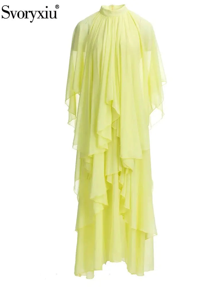 Runway Summer Bohemian Dress Women's Stand collar Butterfly Sleeve Draped High waist Asymmetrical Rose Red Maxi Dresses eprolo