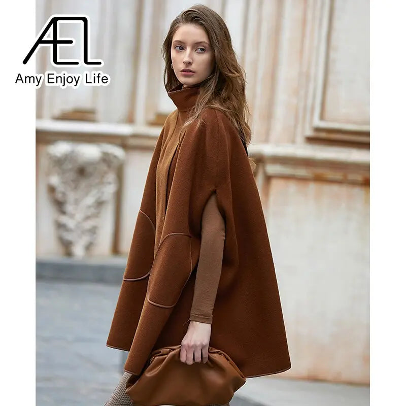 AEL Winter Wool Coat Women's Poncho Jacket Warm Cape Overcoat Long Cloak Outwear Casual Shawl Female eprolo