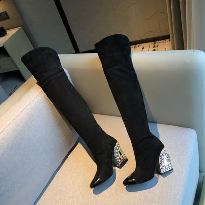 Fashion Sexy Women Pointed-Toe Boots Catwalk Style With Pearl Pattern Shaped Heel Over-The-Knee Large Size Shoes Party High Boot eprolo