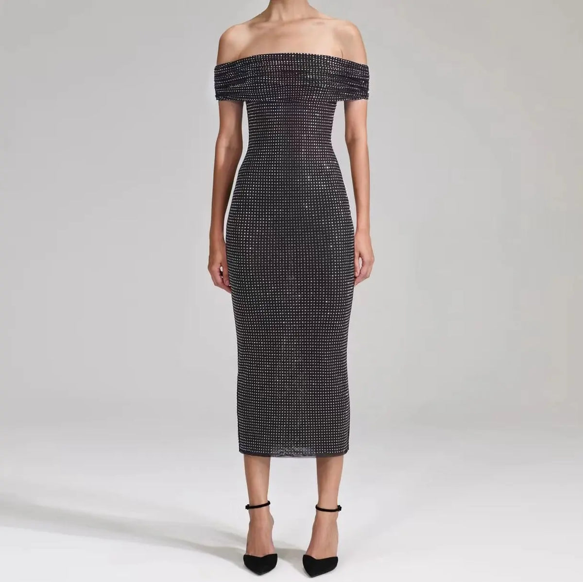 Heavy hot drilling midi dress women Slash neck sexy slim long dress eprolo