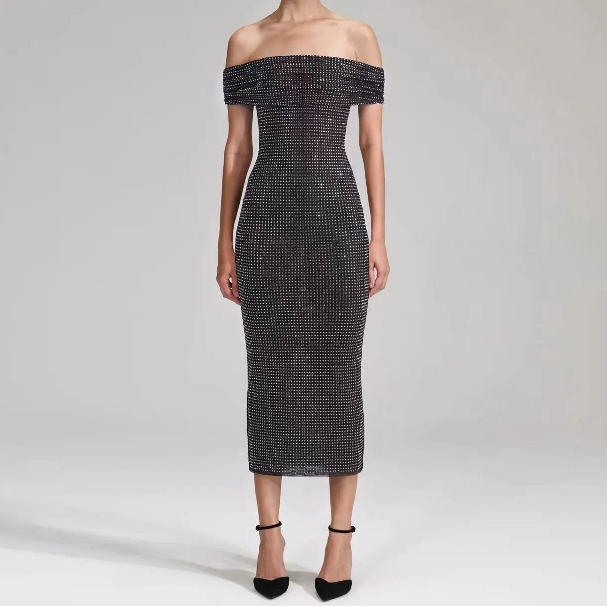 Heavy hot drilling midi dress women Slash neck sexy slim long dress eprolo