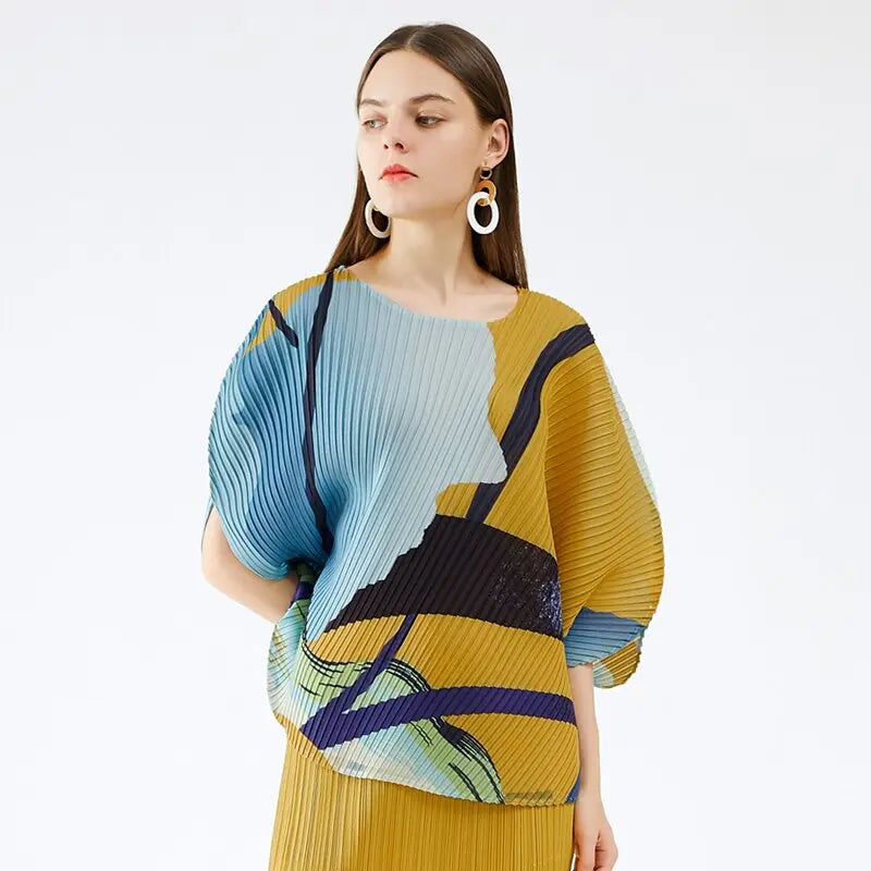 fall  women trendy casual Ocean printing crewneck top bat sleeve top Korean style Three Quarter sleeve T-shirt plus size eprolo