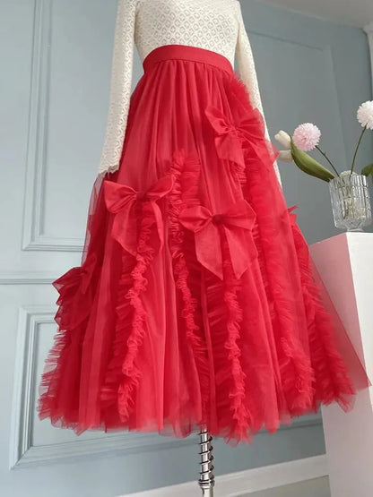 High-End Mesh Long Skirt Handmade Bow Gauze Skirt Fairy High Waist Slimming Umbrella Skirt Designer Model Skirt Evening Dresses eprolo