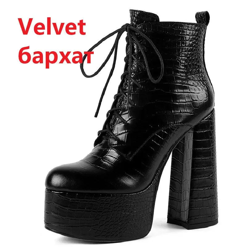 Elegant Mature Women Ankle Boots Cross-Tied Platforms Genuine Leather High Heels Party Office Autumn Winter Shoes eprolo