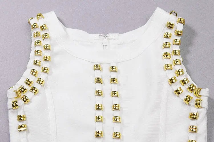 White Sleeveless Metal Ring Adorn Women's Bodycon New Fashion Midi Calf Bandage Dress eprolo