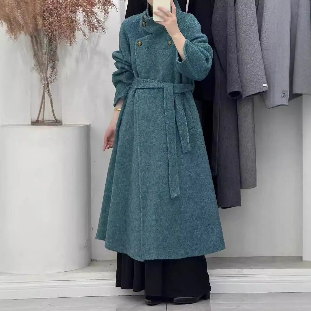Vintage Hepburn style stand up collar long handmade double-sided wool coat, tall tie up eprolo