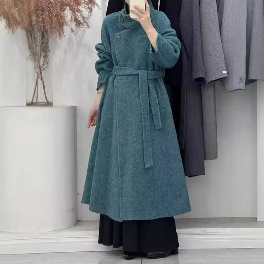 Vintage Hepburn style stand up collar long handmade double-sided wool coat, tall tie up eprolo