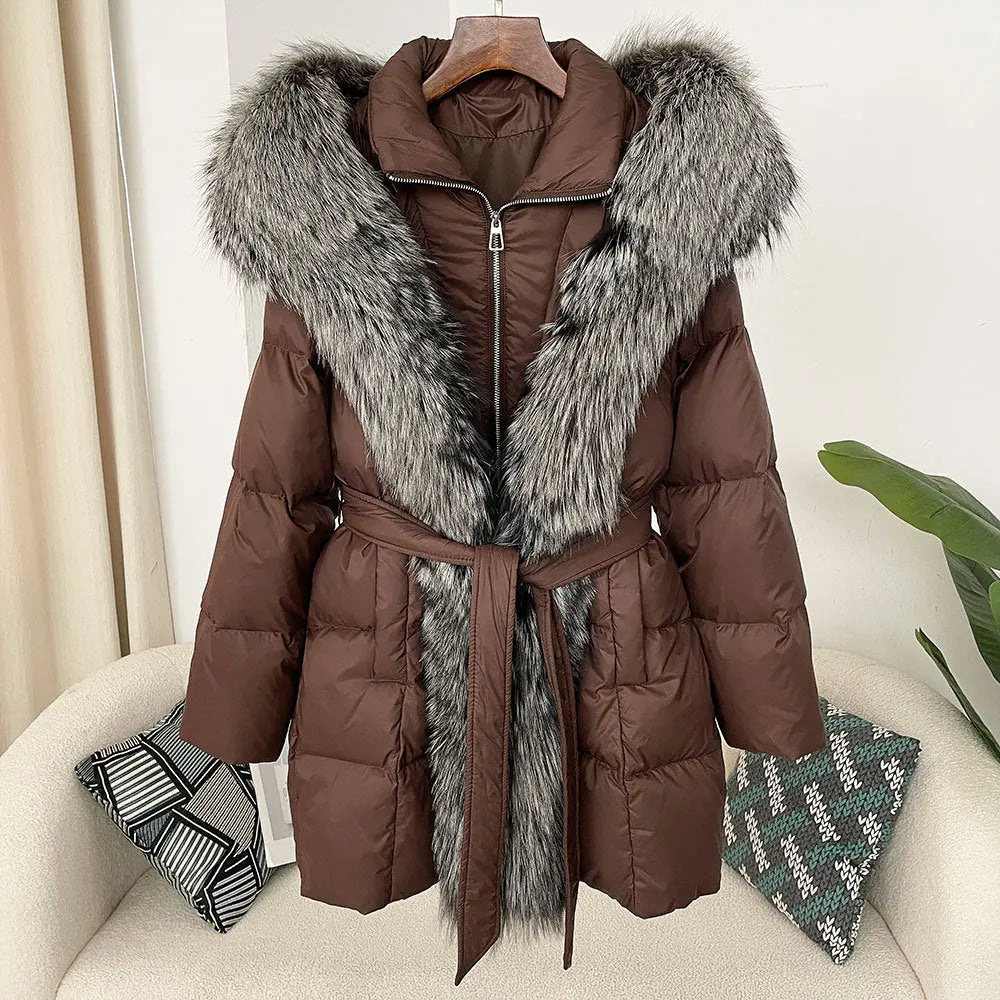 Hooded down jacket women's fox fur collar eprolo