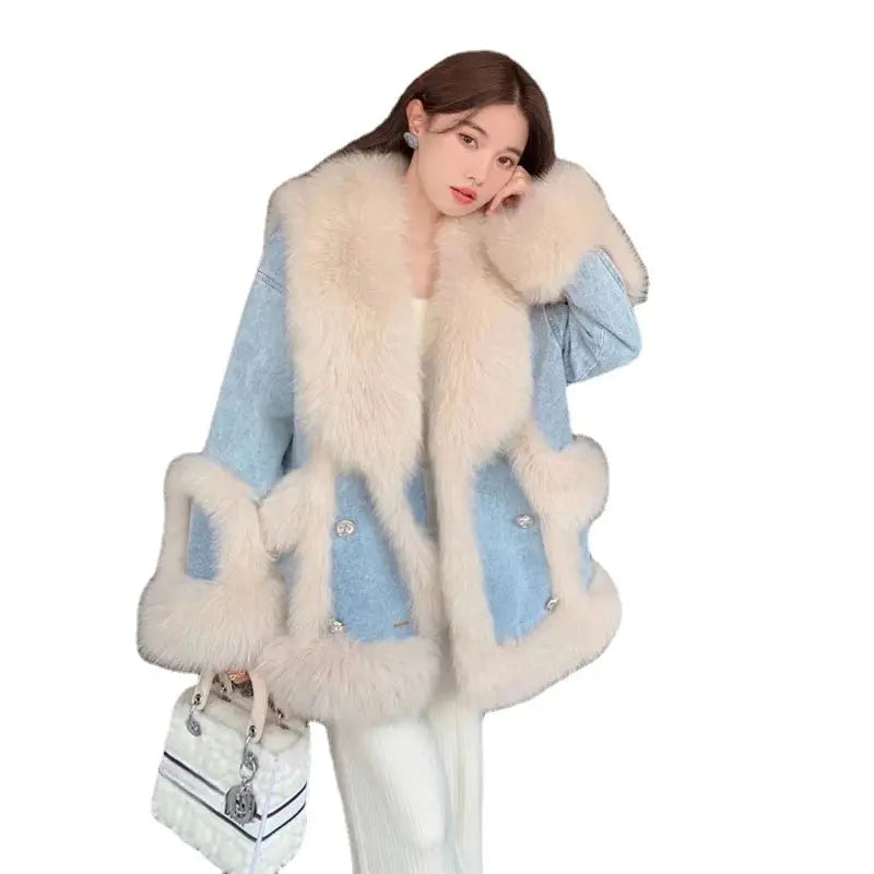 Denim Fur Splicing Coat Women's Environmental Protection Imitation Fox Fur Winter Overcoats New Popular Mid-Length Coats eprolo