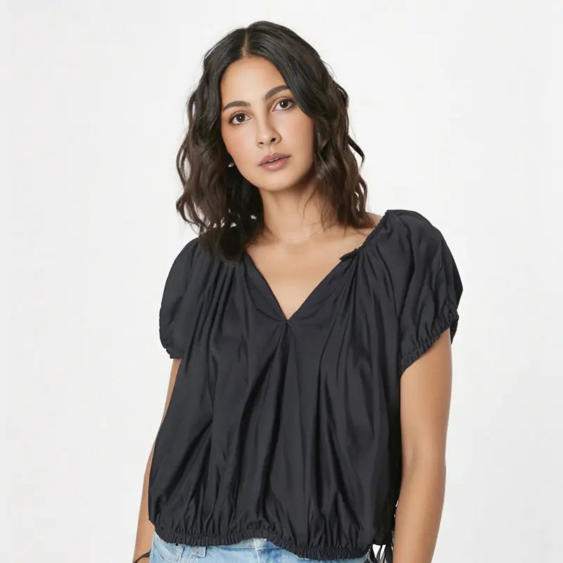 Fashionable French lazy and relaxed one-piece temperament shirt V-neck slimming top eprolo