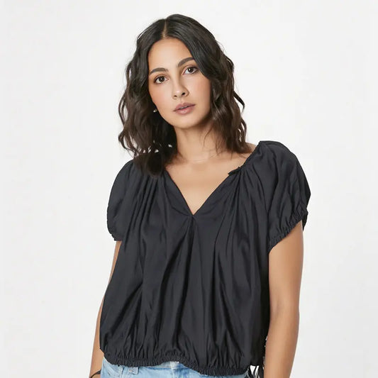 Fashionable French lazy and relaxed one-piece temperament shirt V-neck slimming top eprolo