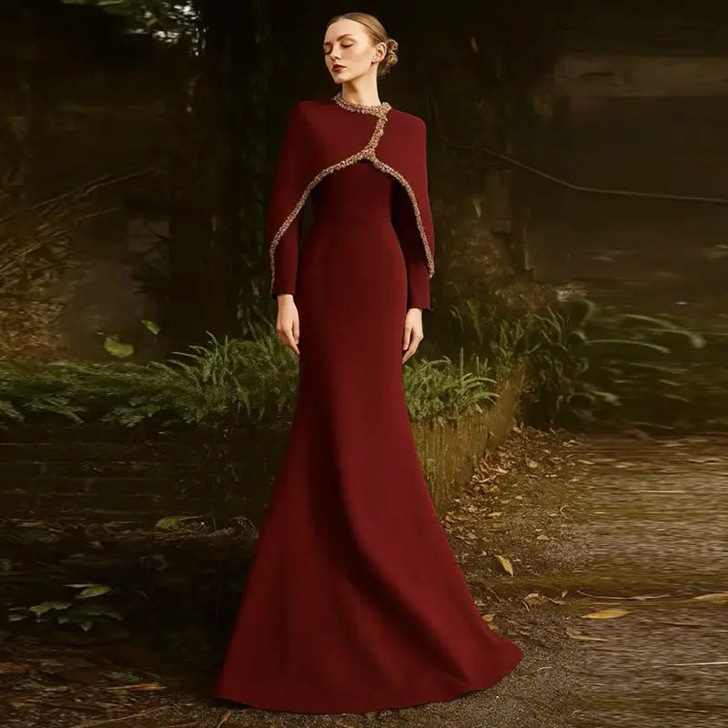 Beaded and Rhinestone Embellished Long Dress with Bat Sleeves eprolo