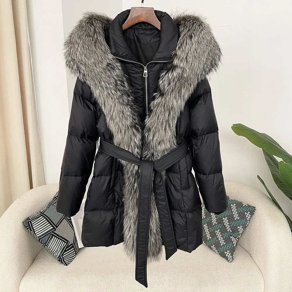 Hooded down jacket women's fox fur collar eprolo
