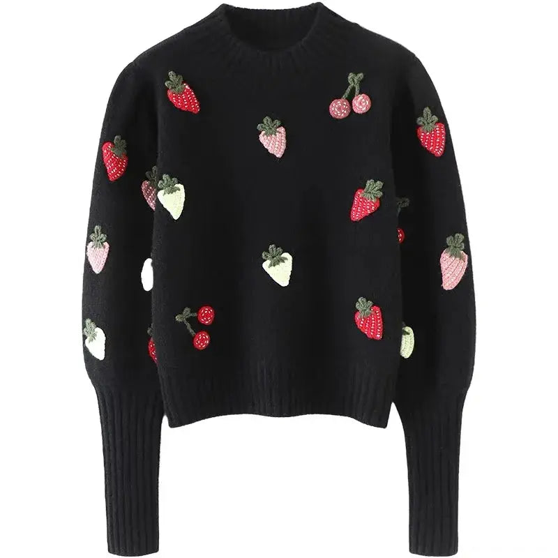 Strawberry Crochet Knit Sweater Pullover Women Half High Collar Long Sleeve Tops Knitwear Spring Stylish Fashion Chic Jumpe eprolo