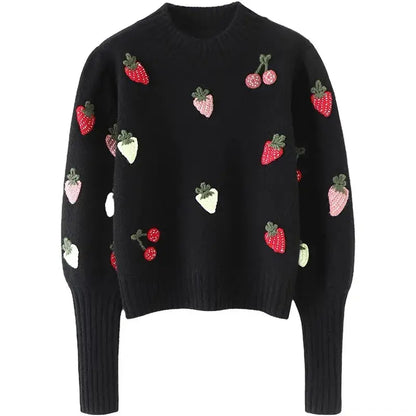 Strawberry Crochet Knit Sweater Pullover Women Half High Collar Long Sleeve Tops Knitwear Spring Stylish Fashion Chic Jumpe eprolo