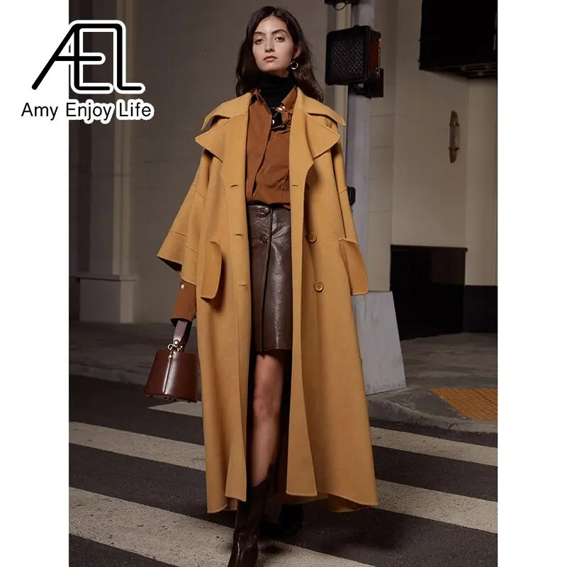 High End Customized Gardenia Yellow Big Cuffs Design Double-Sided Wool Coat Autumn And Winter New Women eprolo