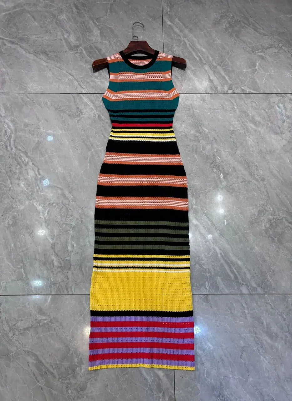 Colorful horizontal striped jacquard woven slim fitting sleeveless knitted dress eprolo