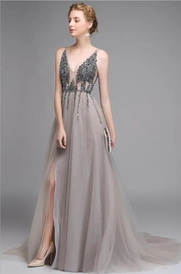 Sexy Side Split Prom Dresses  Deep V-Neck Backless Beads Crystal Party Gowns Sleeveless Sweep Train Cheap Tulle Party Dress eprolo