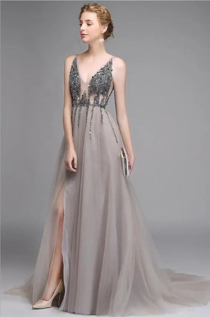 Sexy Side Split Prom Dresses  Deep V-Neck Backless Beads Crystal Party Gowns Sleeveless Sweep Train Cheap Tulle Party Dress eprolo