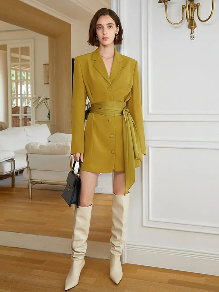 Women Yellow Belted Big Size Elegant Blazer Dress New Lapel Long Sleeve Loose Fit Fashion Spring Autumn eprolo
