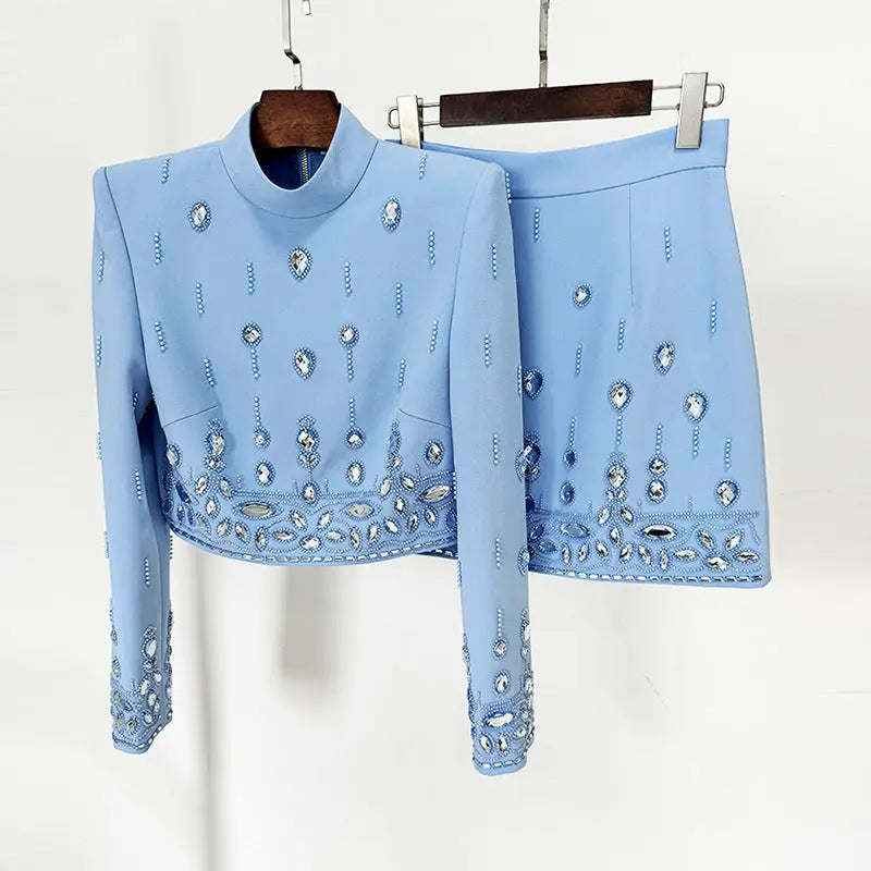 European and American fashion new heavy industry nail bead inlaid diamond short top half skirt set two-piece set eprolo