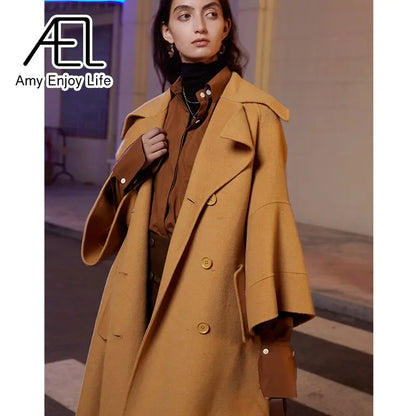 High End Customized Gardenia Yellow Big Cuffs Design Double-Sided Wool Coat Autumn And Winter New Women eprolo