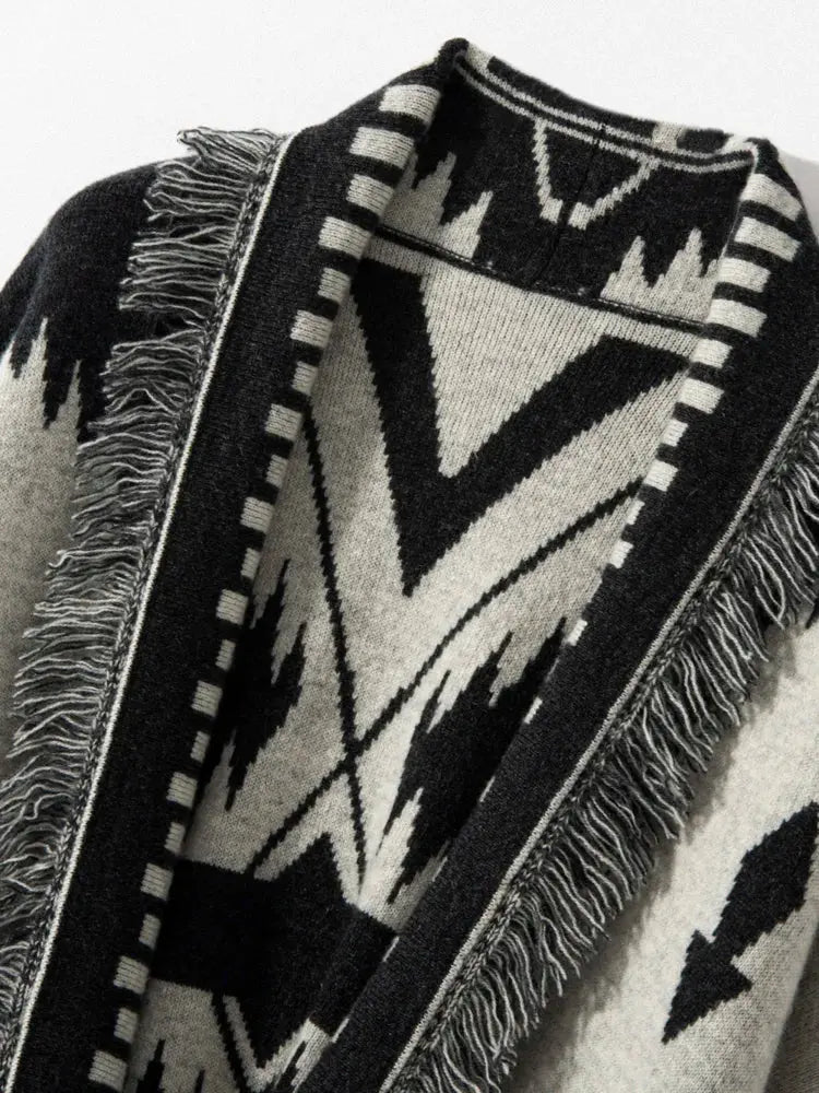 Retro tassel cashmere cardigan women's V-neck knitted cardigan sweater jacket medium long style eprolo