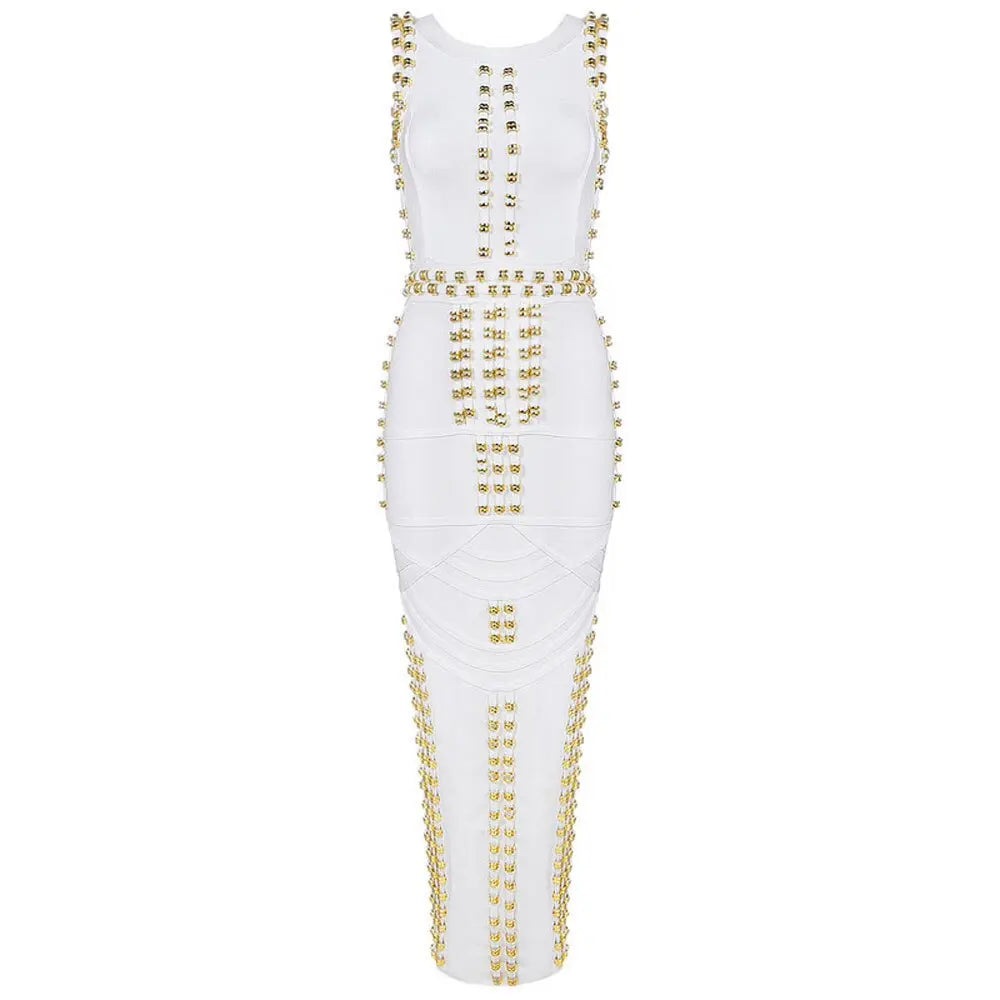 White Sleeveless Metal Ring Adorn Women's Bodycon New Fashion Midi Calf Bandage Dress eprolo