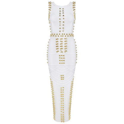 White Sleeveless Metal Ring Adorn Women's Bodycon New Fashion Midi Calf Bandage Dress eprolo