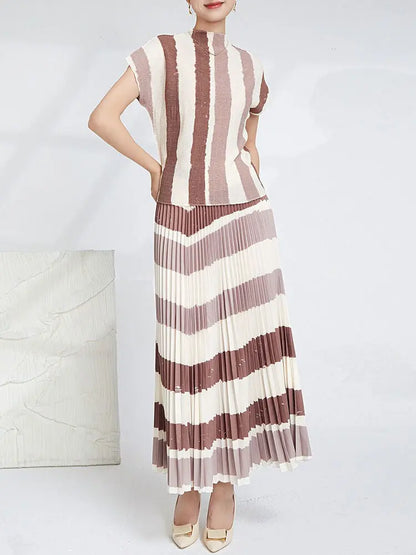 Elegant Pleated 2 Pieces Set Women's Printed Striped Turtleneck Short Sleeves Slim Tops High Waist Fold Skirts eprolo
