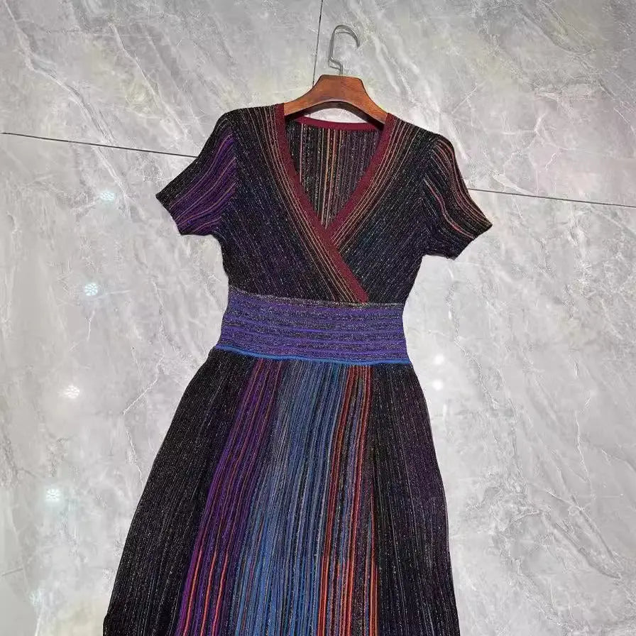 Nanyou Summer Gradient Color Striped Long Skirt Temperament Commuting Pleated Skirt Waist Knitted Elastic Dress eprolo