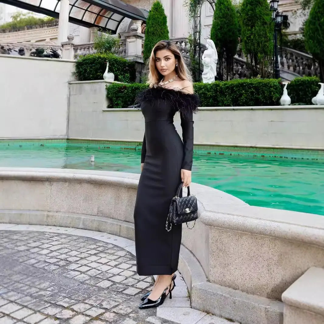 Sexy One Word Hairy Neck Dress for Wearing Outside and Wearing Inside with Hip Wrapping Dress and Bandage Dress eprolo