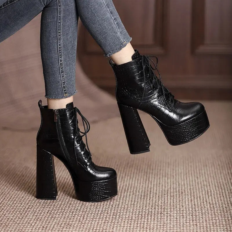 Elegant Mature Women Ankle Boots Cross-Tied Platforms Genuine Leather High Heels Party Office Autumn Winter Shoes eprolo
